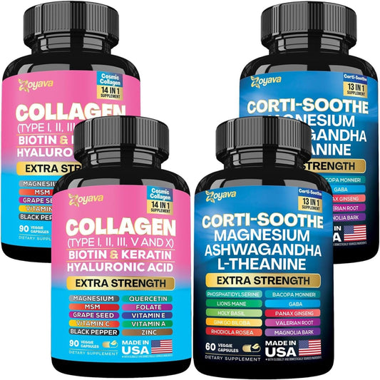 Shining Serenity Set - Cortisol Support with Ashwagandha, L-Theanine, Magnesium, Lions Mane, Holy Basil & Collagen Type I, II, III, V, X with Biotin,Hyaluronic Acid,Keratin, and Folate - 2 Pack